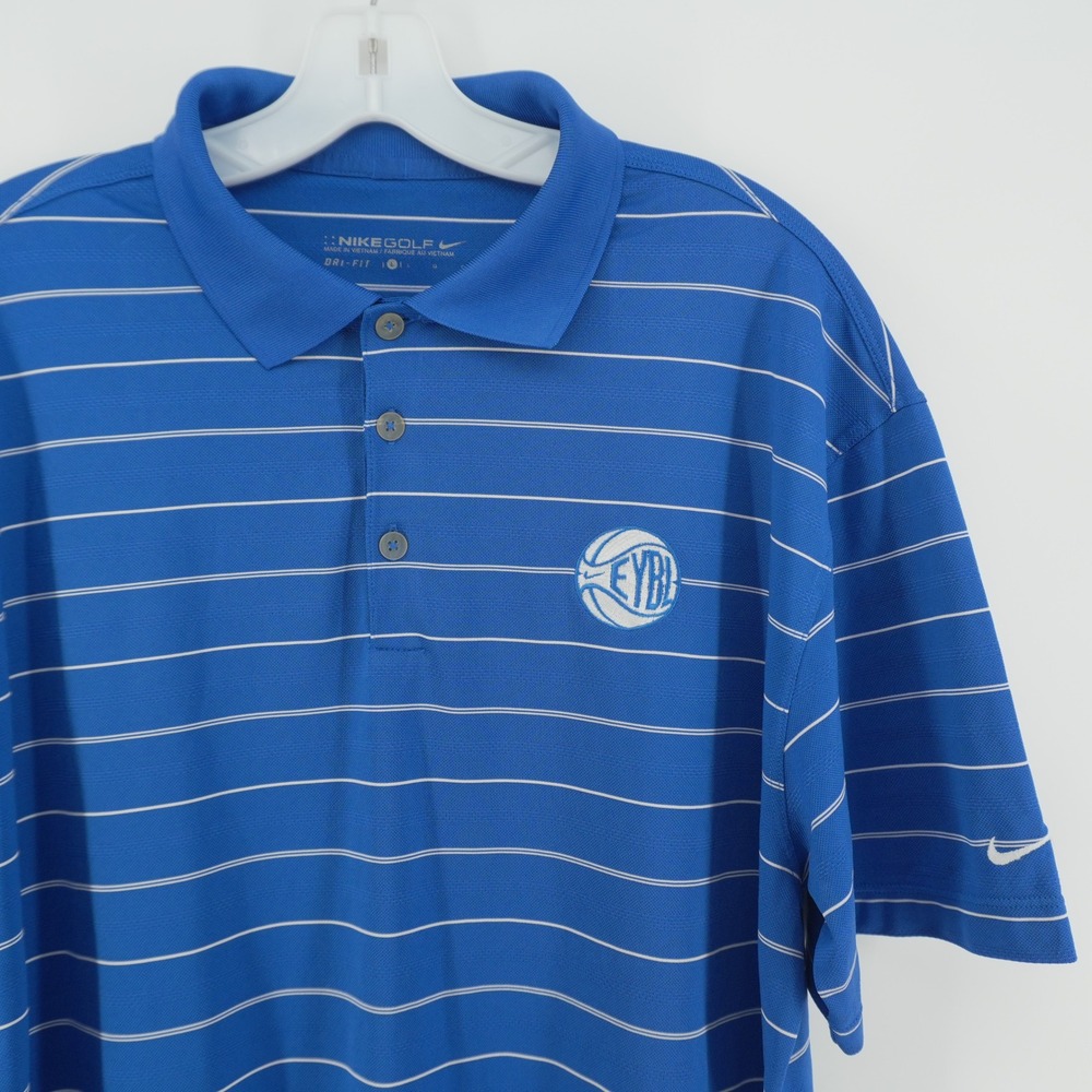 Nike Golf Polo Shirt Mens L Blue Striped Dri-FIT EYBL Basketball Logo